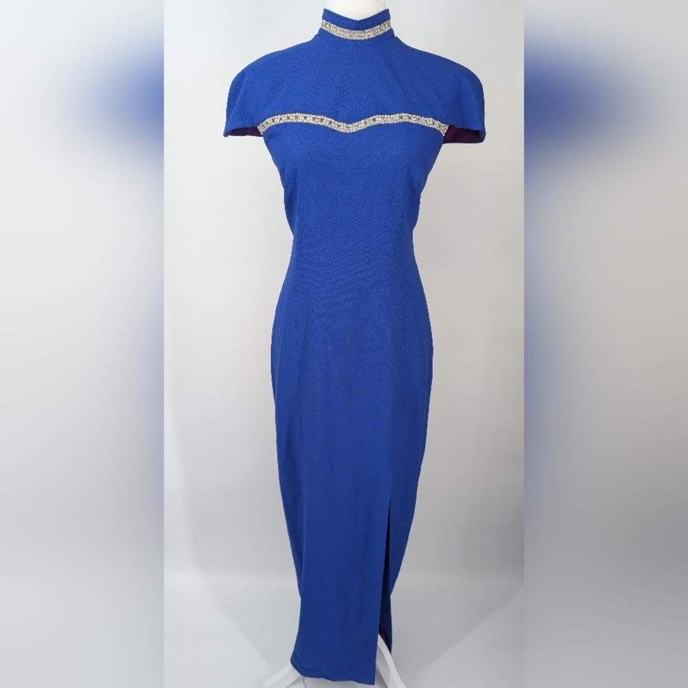 Junnie Leigh Vintage Royal Blue Silver Rhinestone Mock Neck Cap Sleeve Gown 10